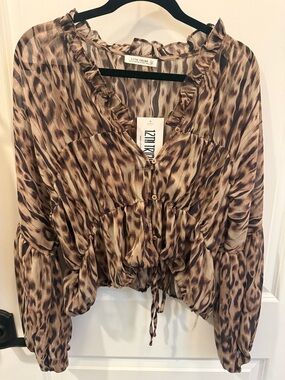 12th Tribe Leopard-Print Ruffle Tie-Front Blouse in Brown